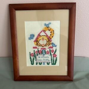 Framed Cross-Stitch Cat & Birdhouse Art